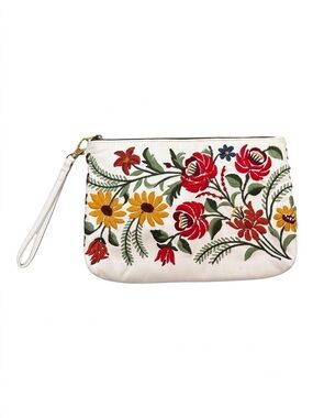 Isabella Fiore "Heidi" Swedish Floral White Embroidered Leather Wristlet Clutch